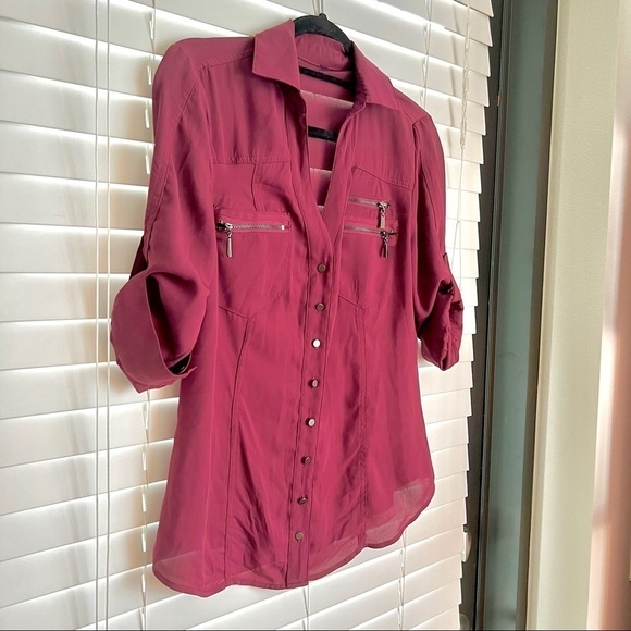 Bebe Burgundy Button Down Zip Pocket 3/4 Sleeve. Sz S πββοΈππ» - Picture 3 of 15
